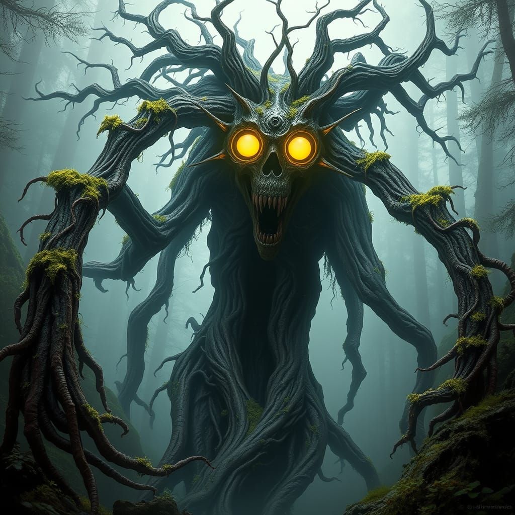 Colossal, Root-Like Creature Emerges from Misty Forest