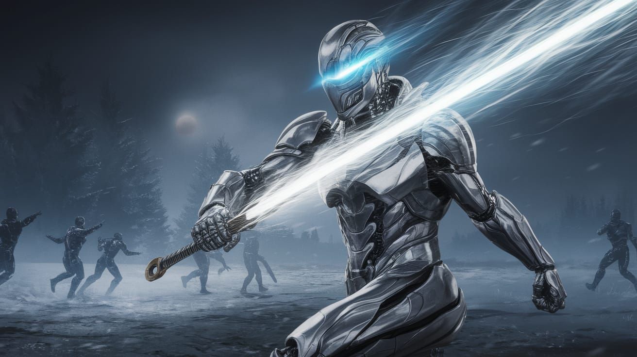 Cybernetic Knight Unleashes Stormy Gale in Frosty Winter Bat...