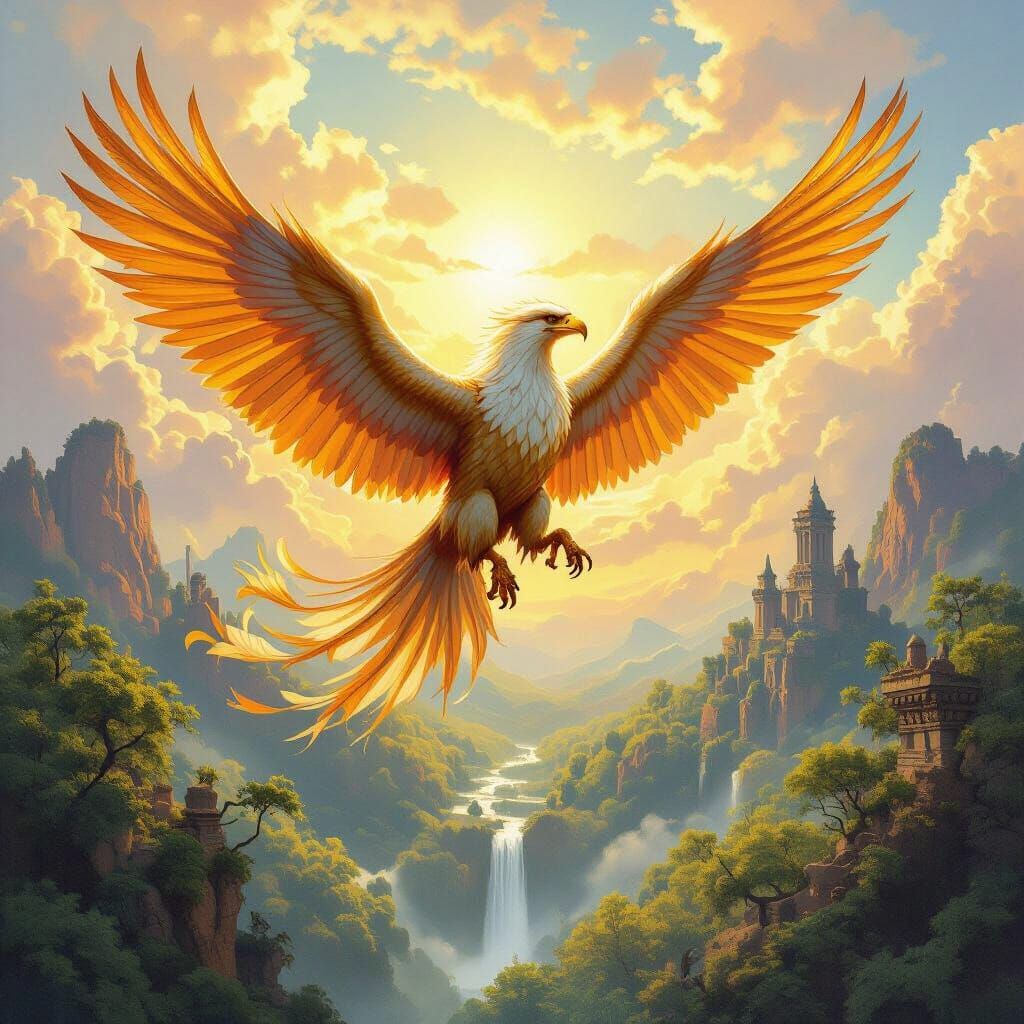 Griffin Soaring Over Forest, in Fantasy Art Style