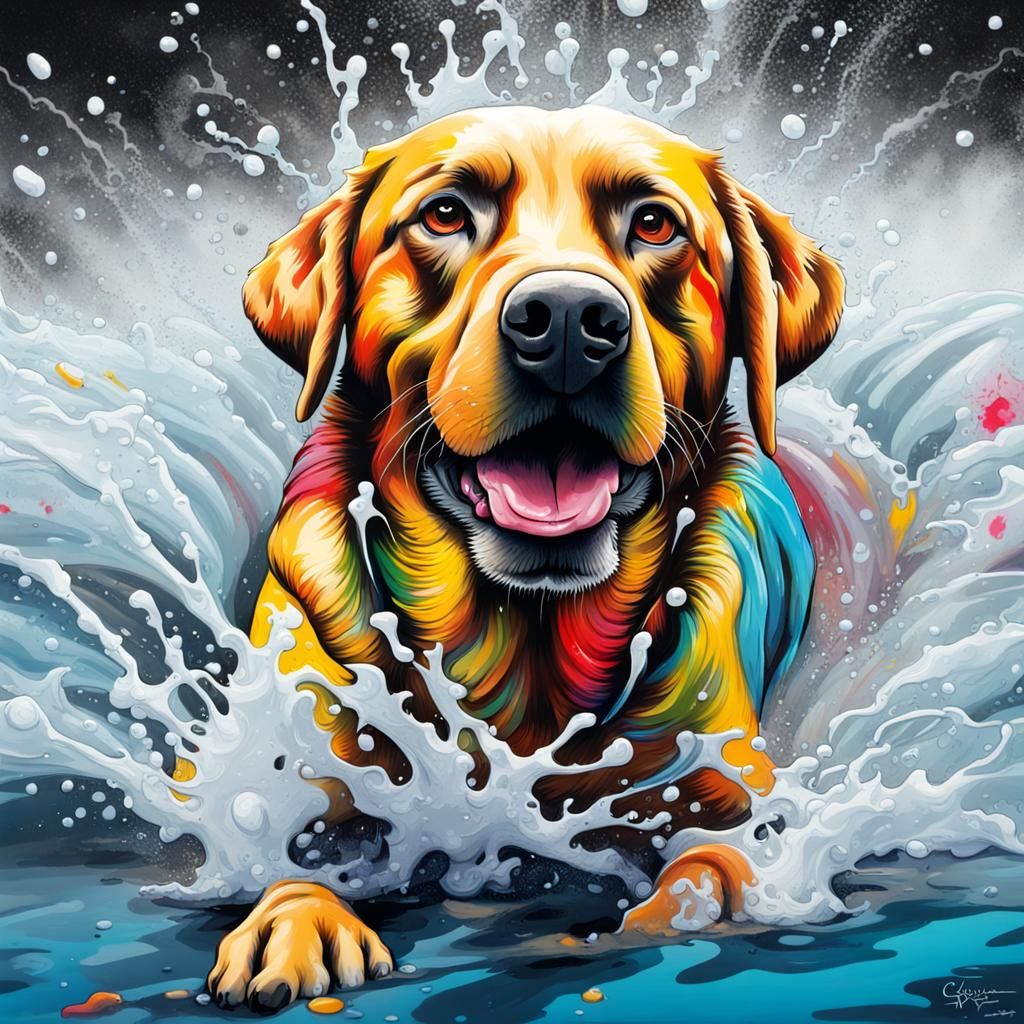 Labrador Dog Splashing in Water: Graffiti Art Style