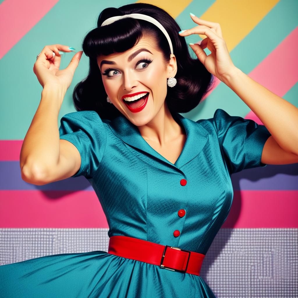 Mashup Girl with Astonished Grin and 80s Dress