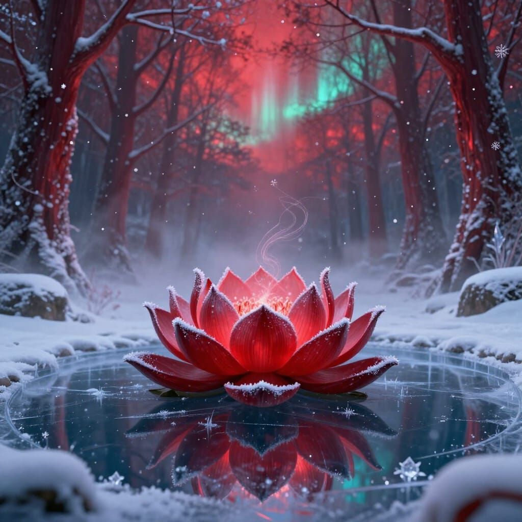 Blood Red Lotus in Frozen Enchanted Forest