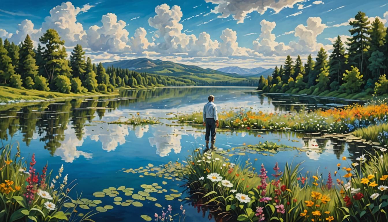 Serene Surrealist Landscape with Lone Figure