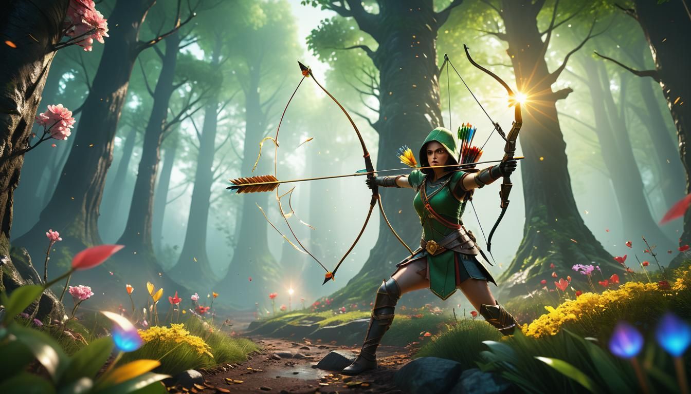 Arrow Hitting Target in Fantasy Landscape