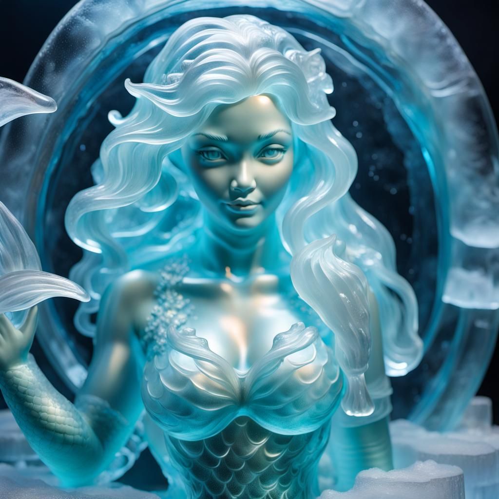 Detailed Ice Mermaid Sculpture in Sea Restaurant