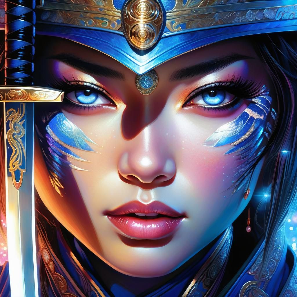 Blue-Eyed Samurai Woman with Katana in Watercolor Style