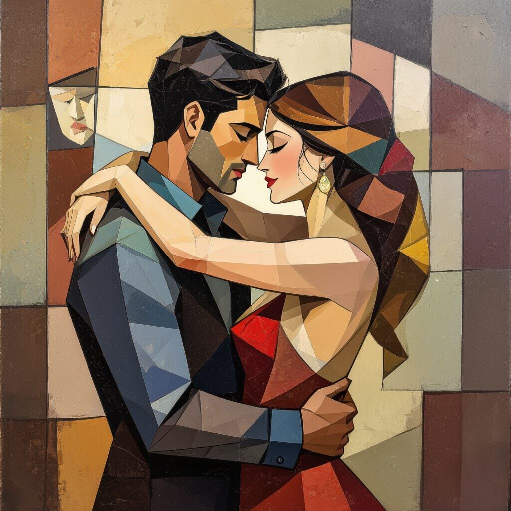 Romantic Embrace: A Cubist Painting Inspired by Carrà