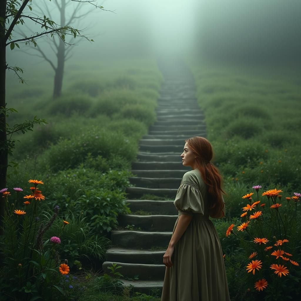 Contemplative Woman at Winding Staircase in Dreamy Realism