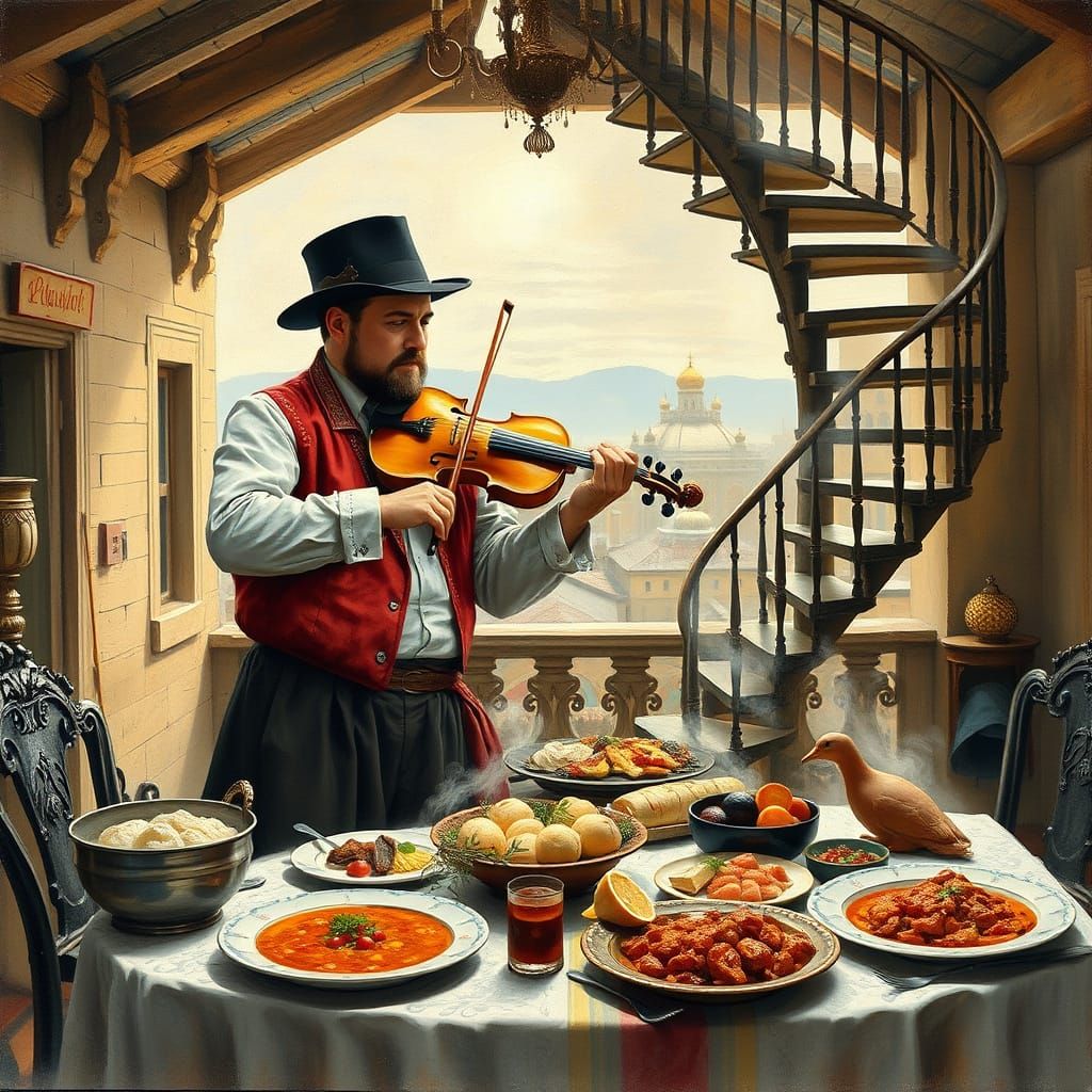 Fiddler on Roof with Russian Feast, Gouache Style