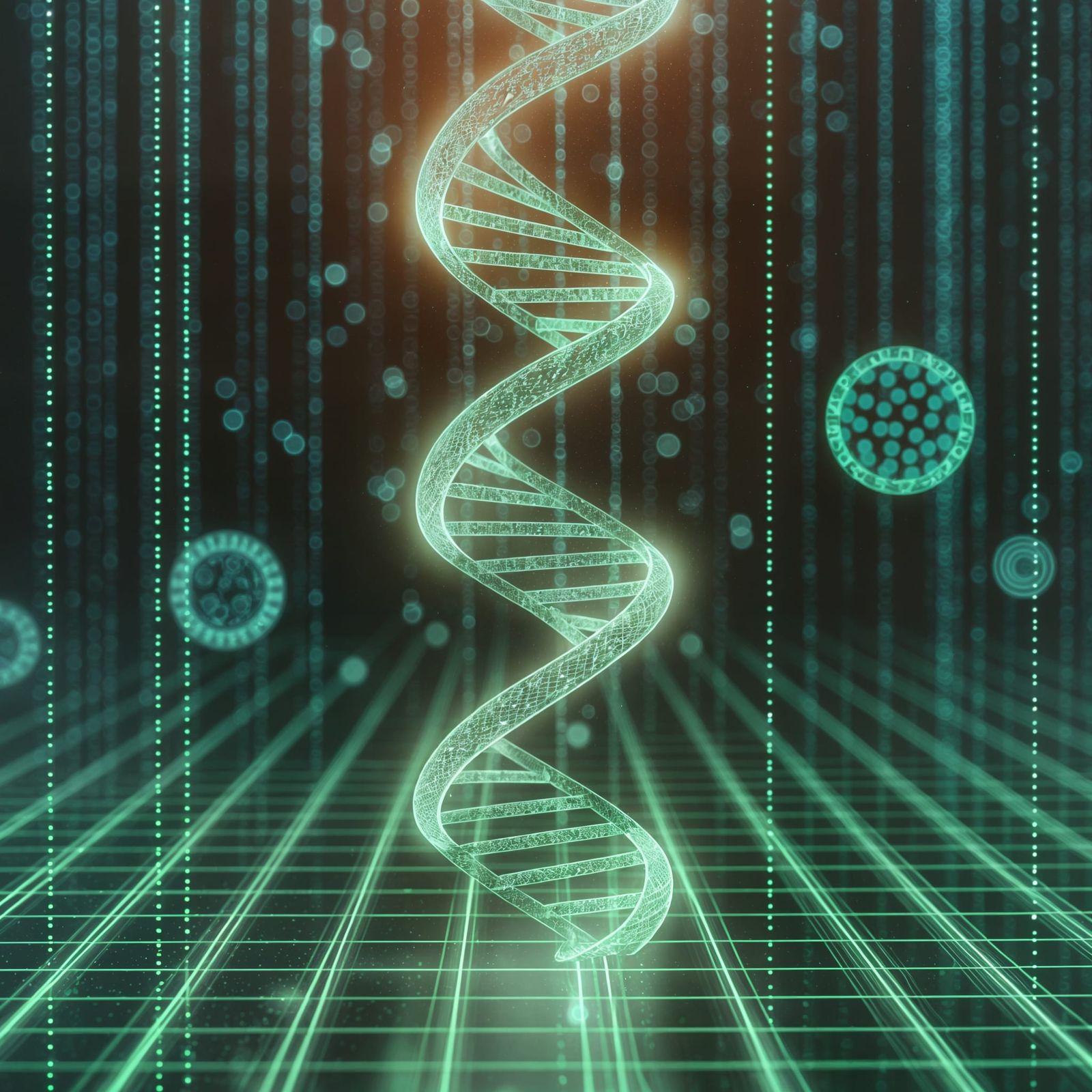 Digital Art: Neon DNA Helix in Futuristic Code Matrix