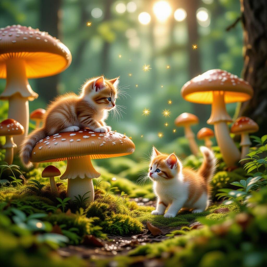 Kittens Explore Enchanted Forest with Luminous Mushrooms