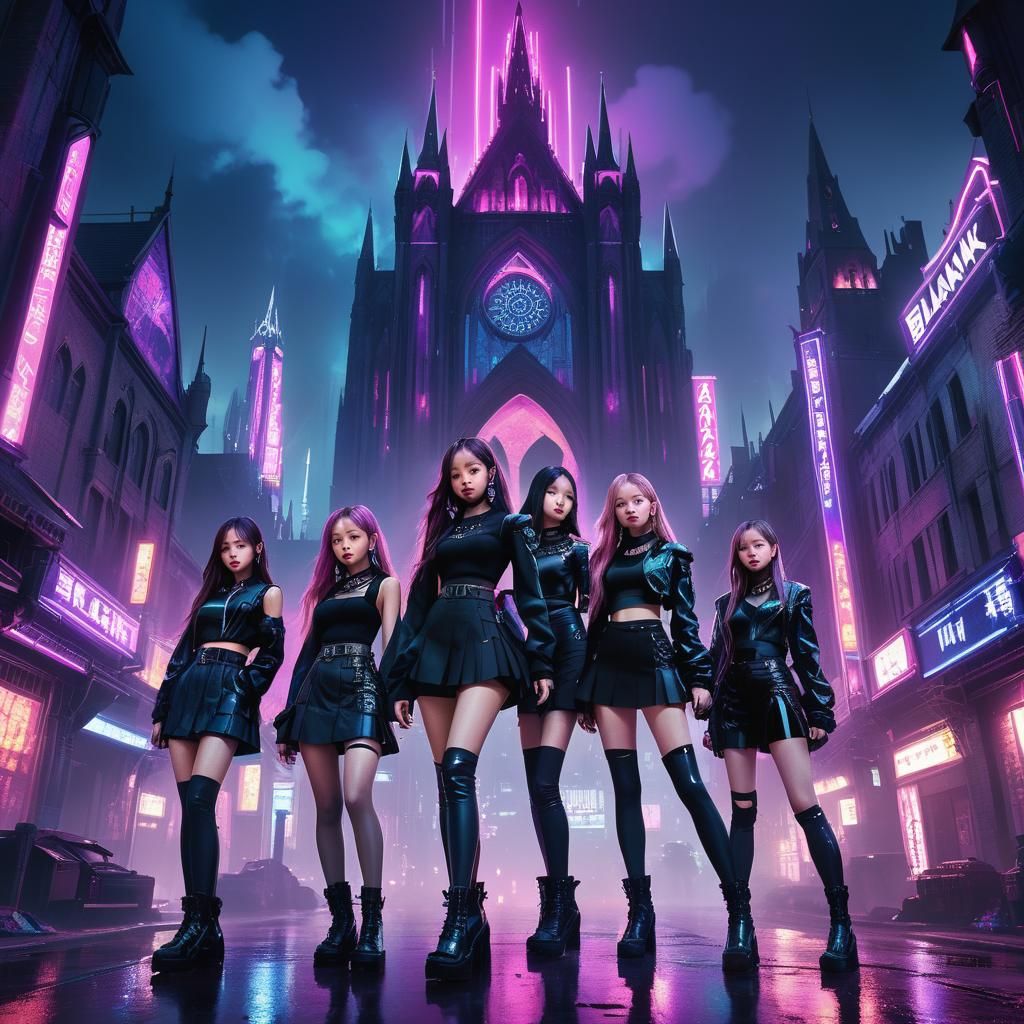 Surreal K-Pop Icons Unite in Dark Fantasy Metropolis