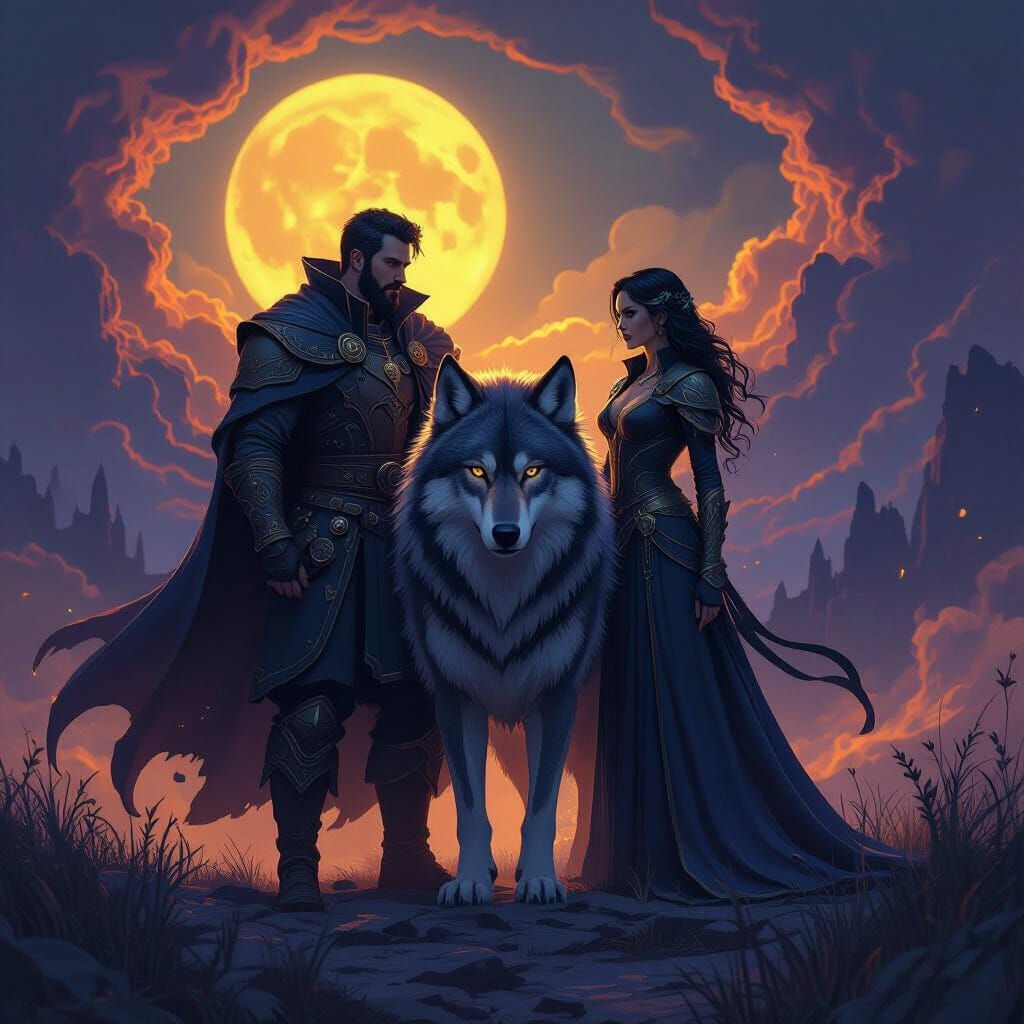 Fantasy Heroes and Wolf in Dramatic Lighting