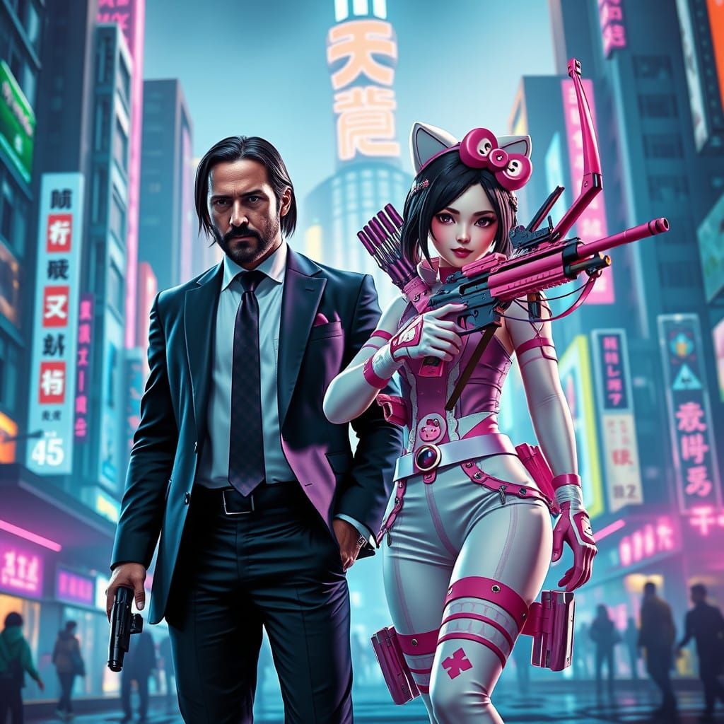 High-Octane Neo-Noir Couple in Neon Cityscape