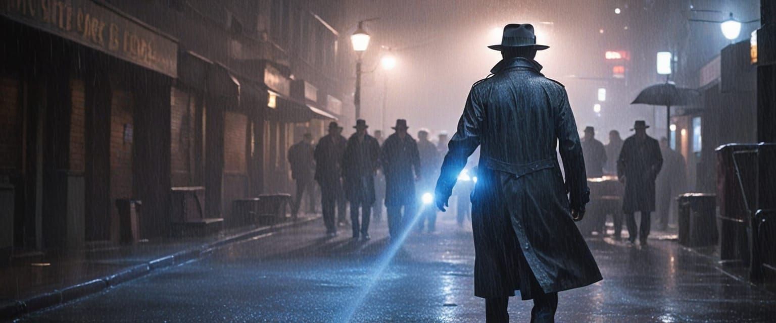 Lone Detective Stands Under Rainy Streetlight