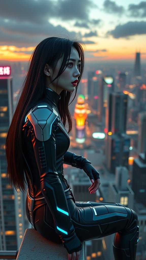 Sleek Cyberpunk Warrior Overlooks Cityscape at Dusk