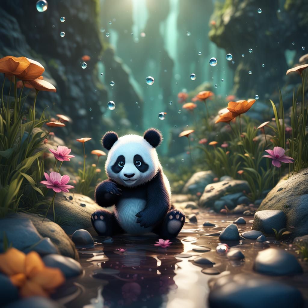 Cute Panda in Water Droplet: Fantasy Concept Art
