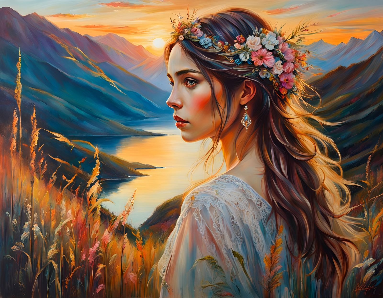 Woman on Mountain Lake at Sunset: Oil Painting