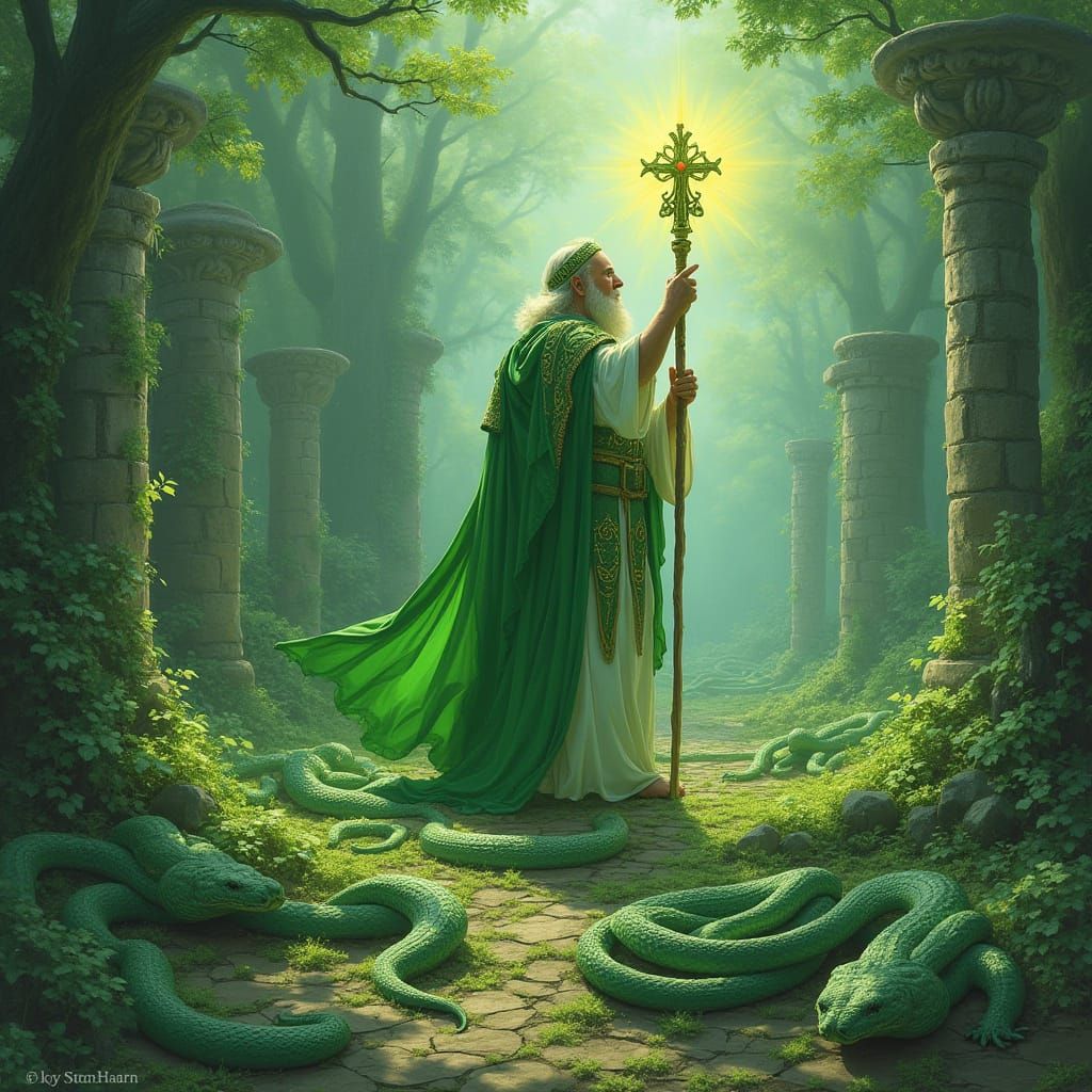 Mystical Saint Patrick Confronts Serpents in Emerald Landsca...