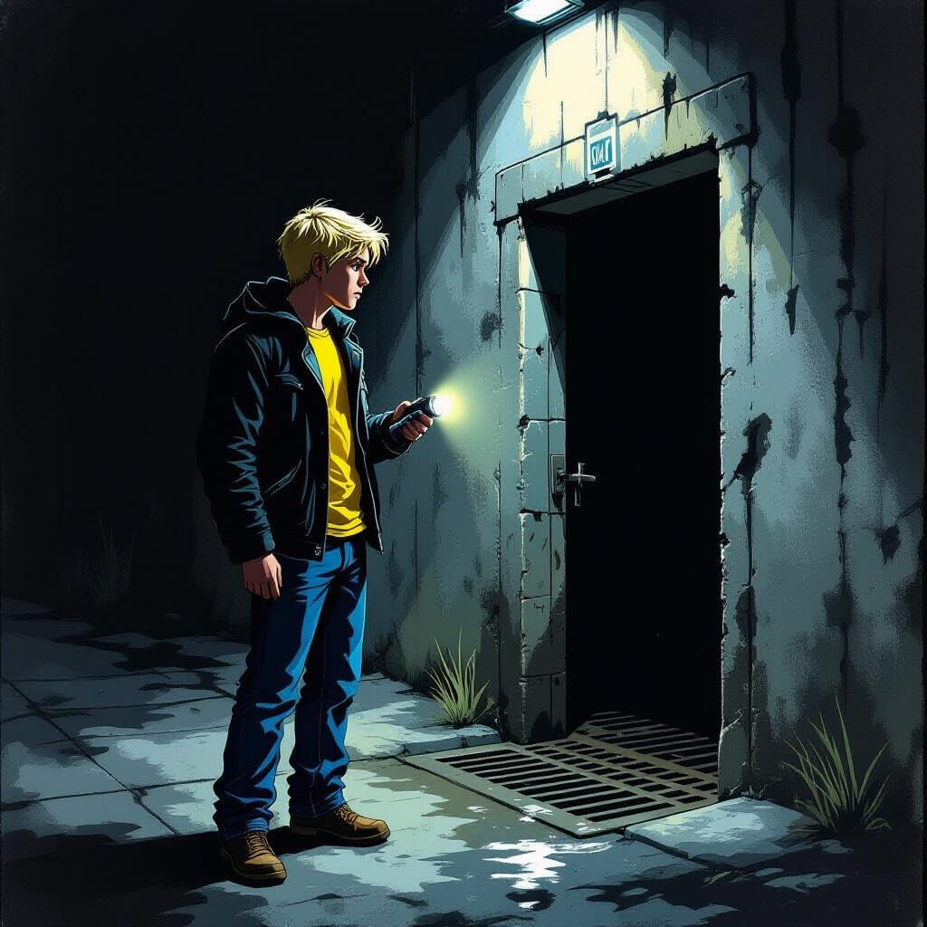 Surprised Man in Storm Drain with Flashlight