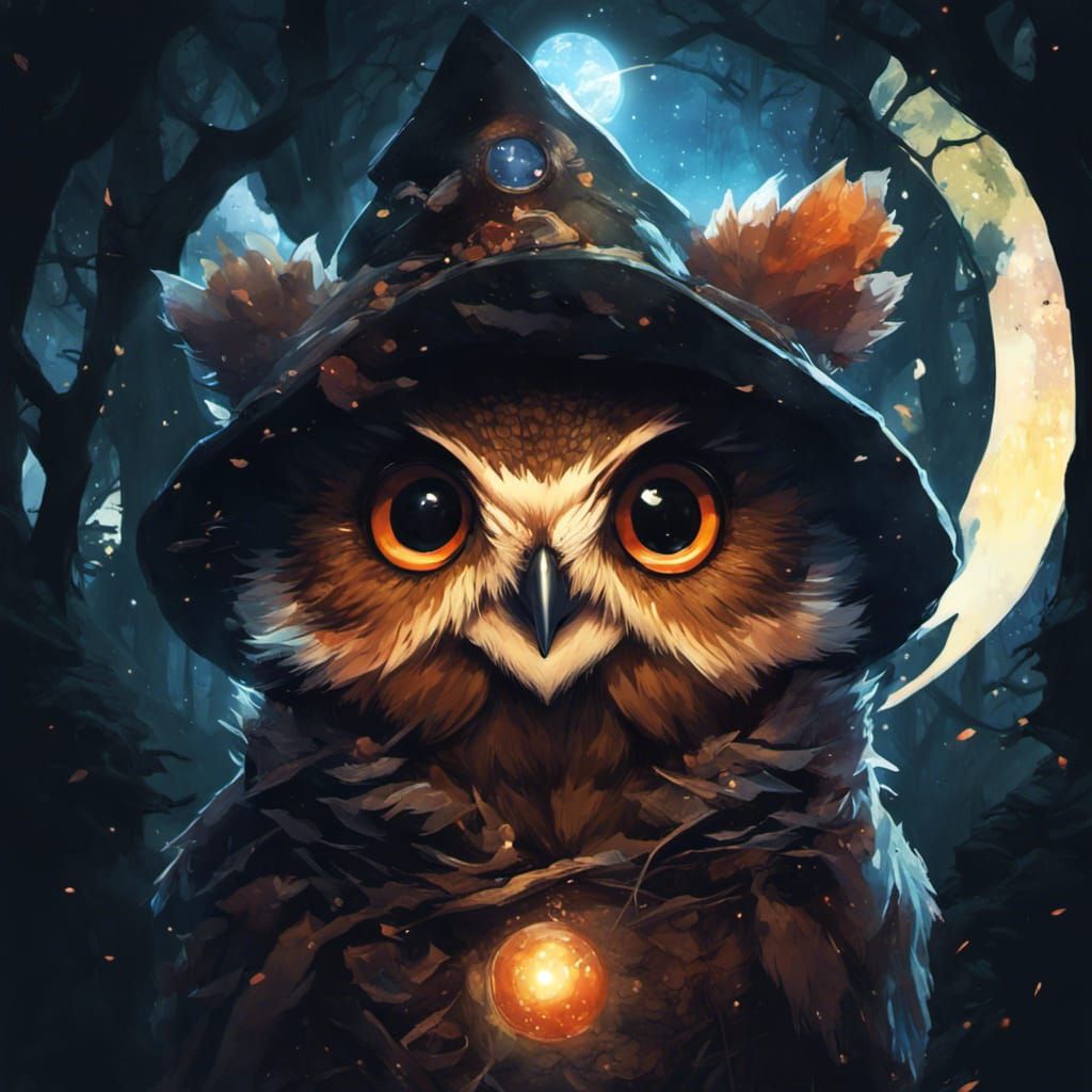 Adorable Anime Owl Wizard with Glowing Eyes