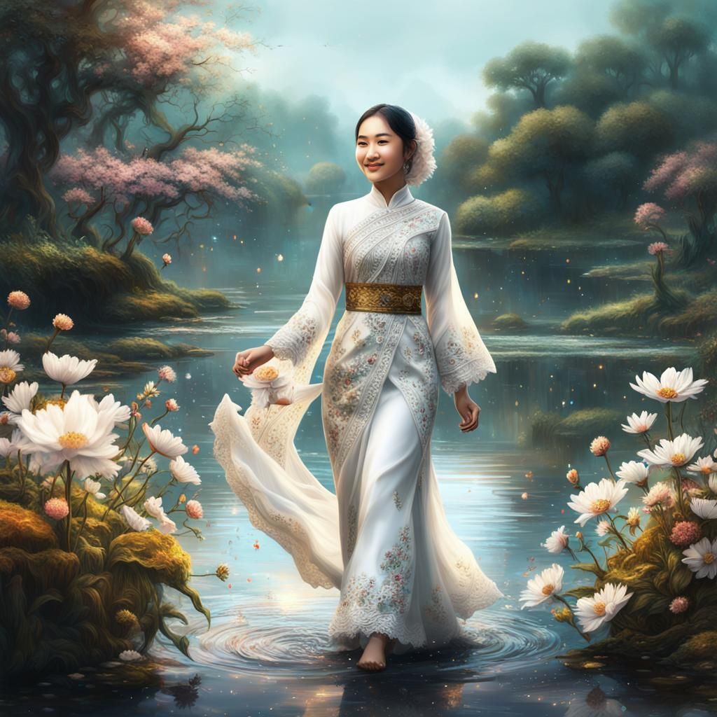 cute asian muslim girl wear white kebaya walking  at the riv...