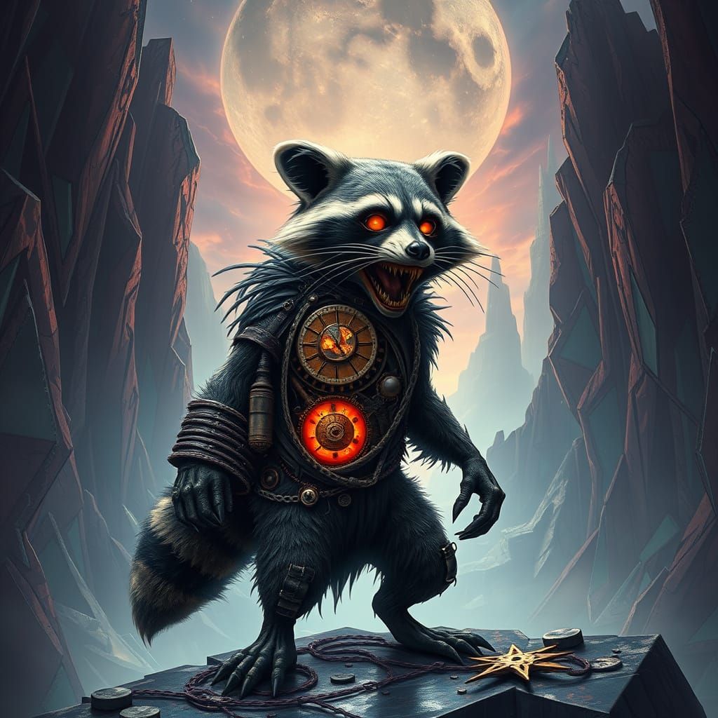 Grotesque Clockwork Raccoon Stands at the Edge of a Mystical...
