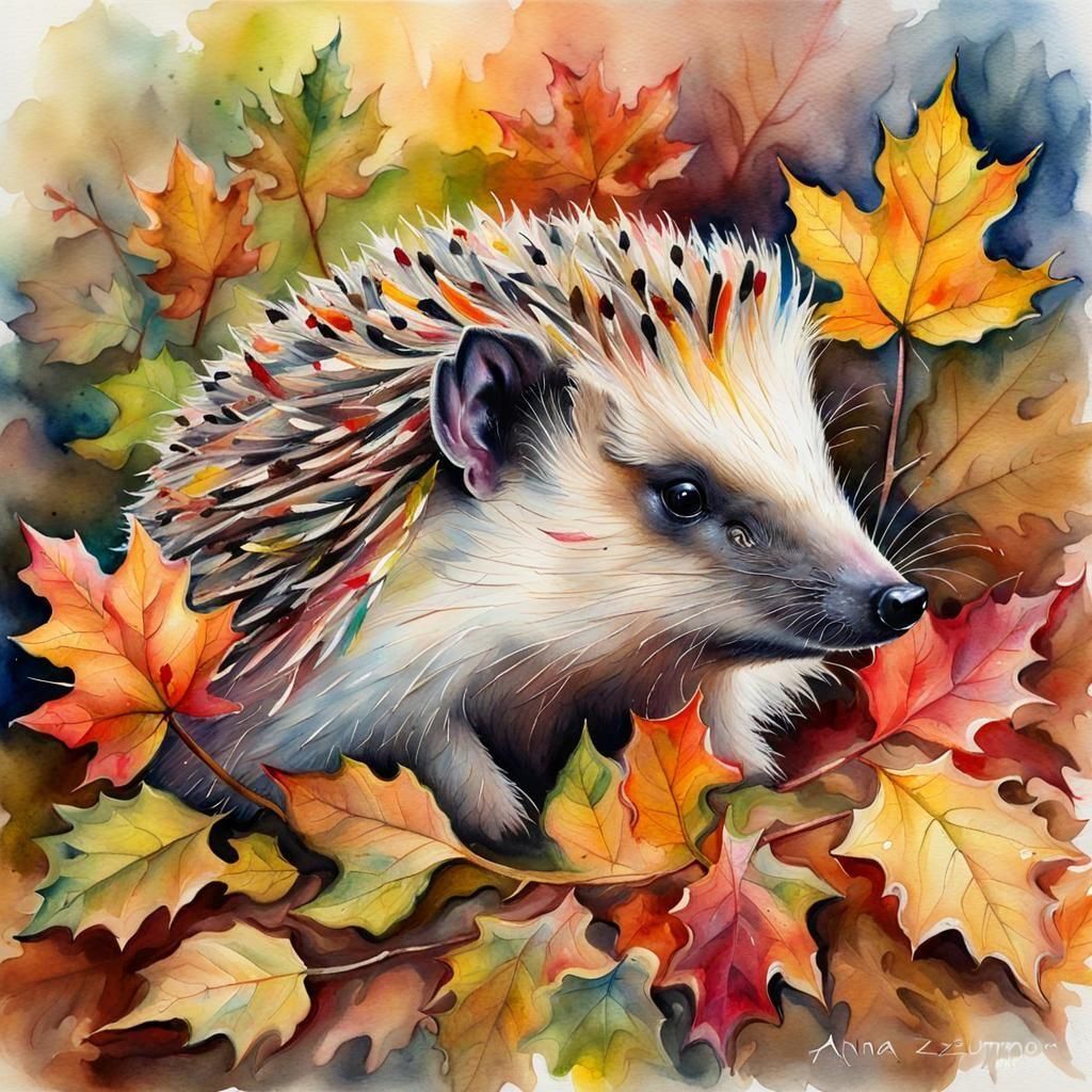 Hedgehog in Autumn Leaves: Watercolour Fantasy