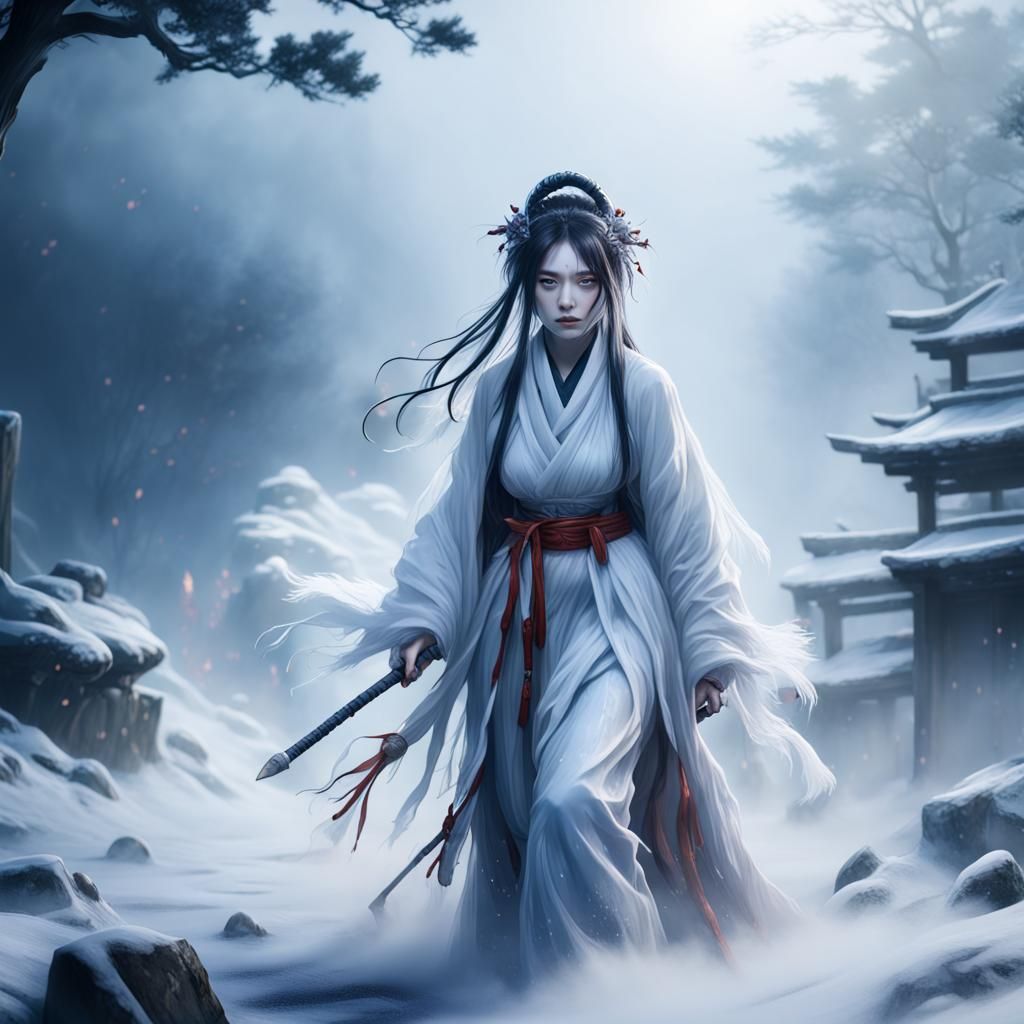Yuki Onna Emerges from Fog: Detailed Matte Painting
