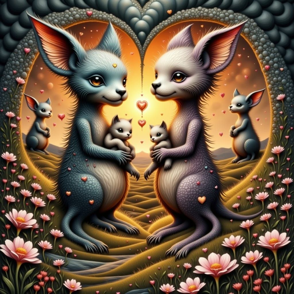 Whimsical Flora Creatures Hold Babies in Dreamlike Landscape