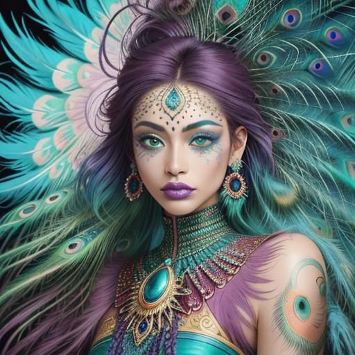 Peacock Woman Portrait in Surrealist Style