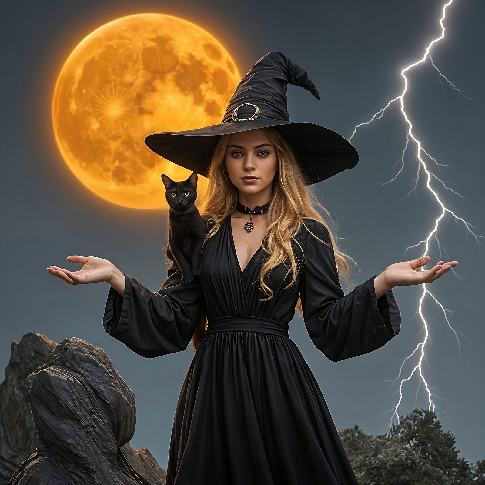 Witch Conjuring Lightning Under Orange Moon