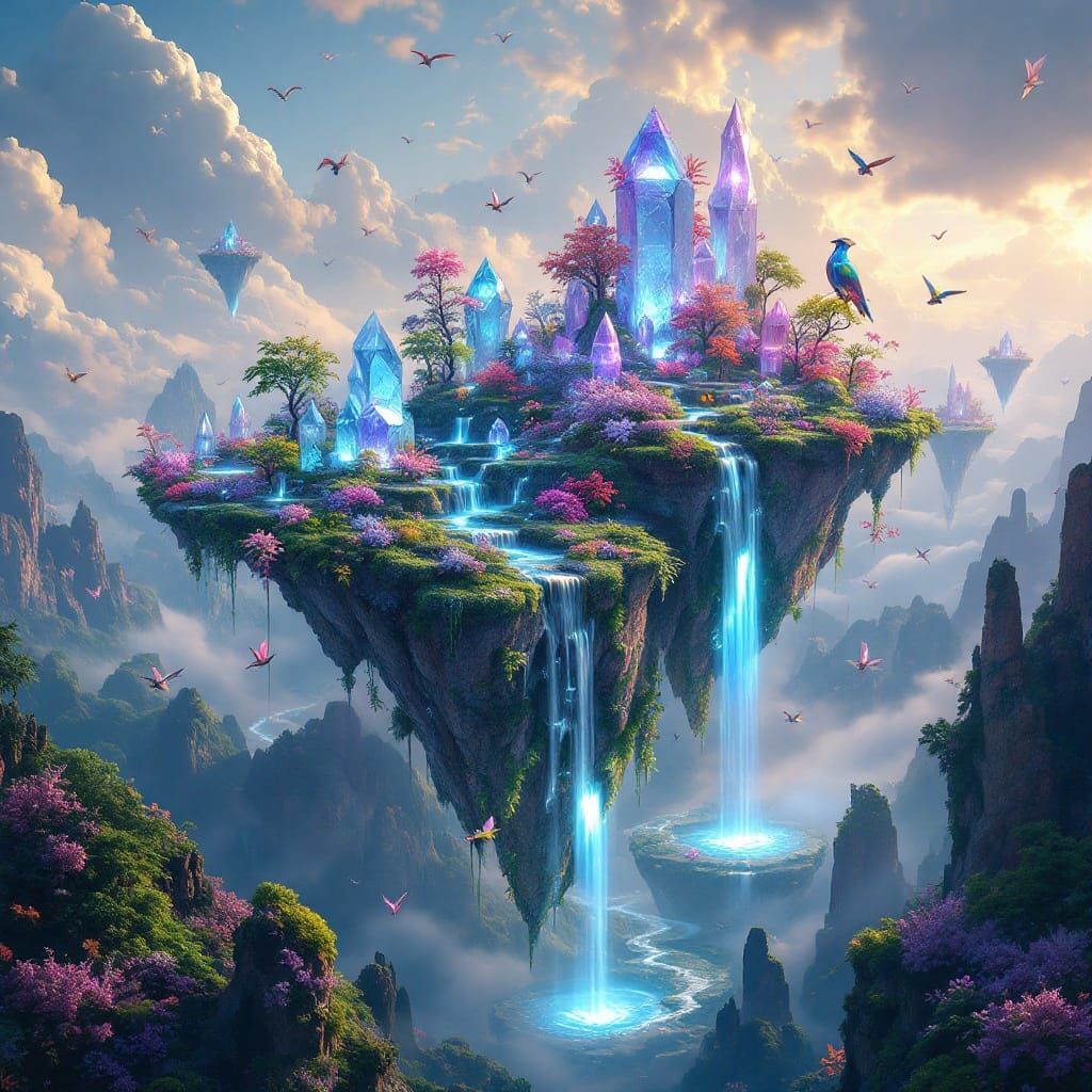 Bioluminescent Crystal Islands in Alien Sky