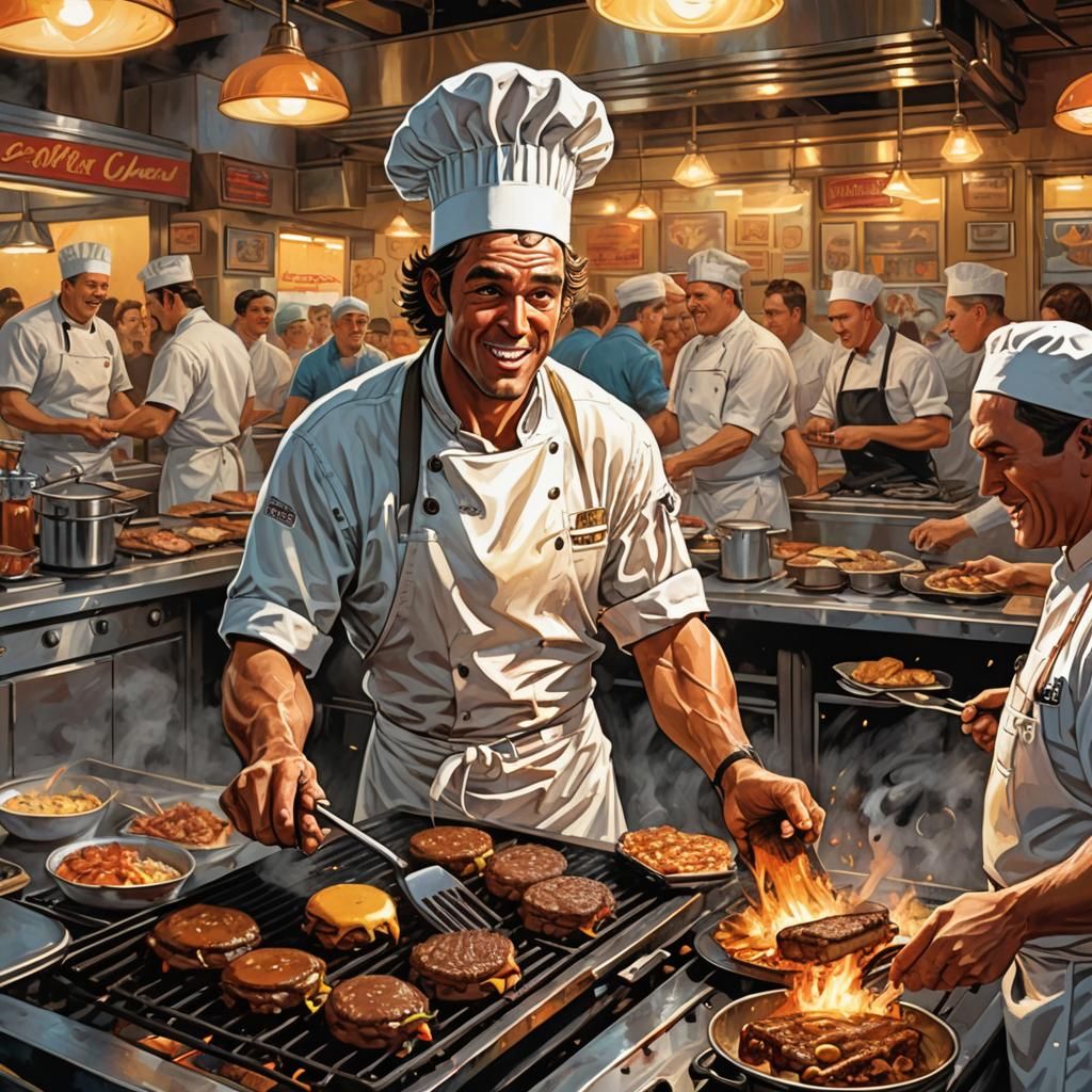 Centaur Chef Flips Burgers in Busy Diner, Comic Book Art