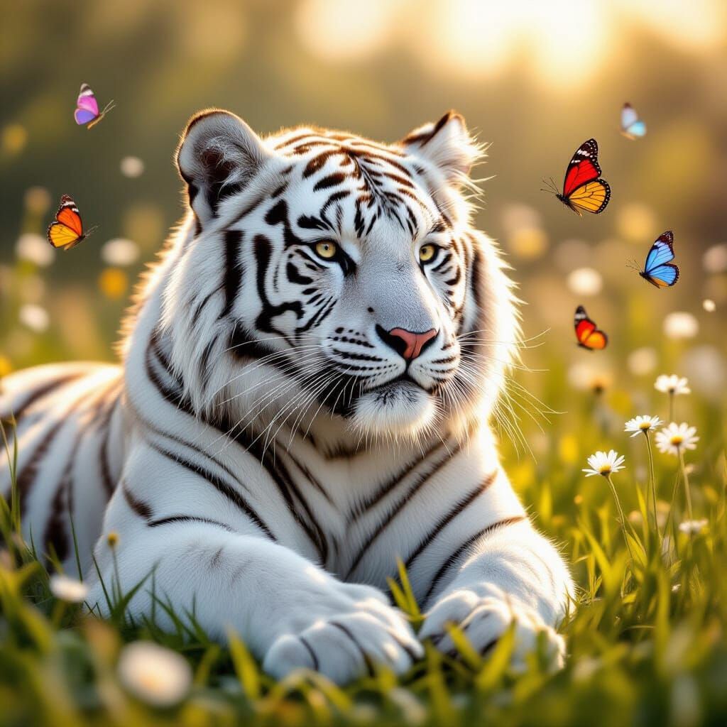 White Tiger and Butterflies in Sunlit Meadow