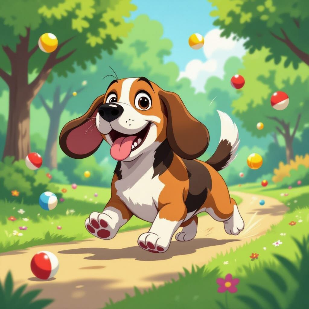 Basset Hound Chasing Colorful Balls in Vintage Cartoon Style