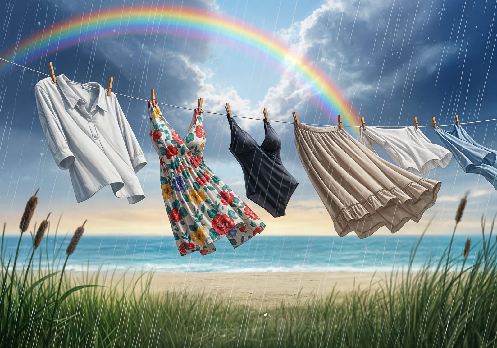 Summer Laundry Interrupted by Gentle Rain, Watercolor Style