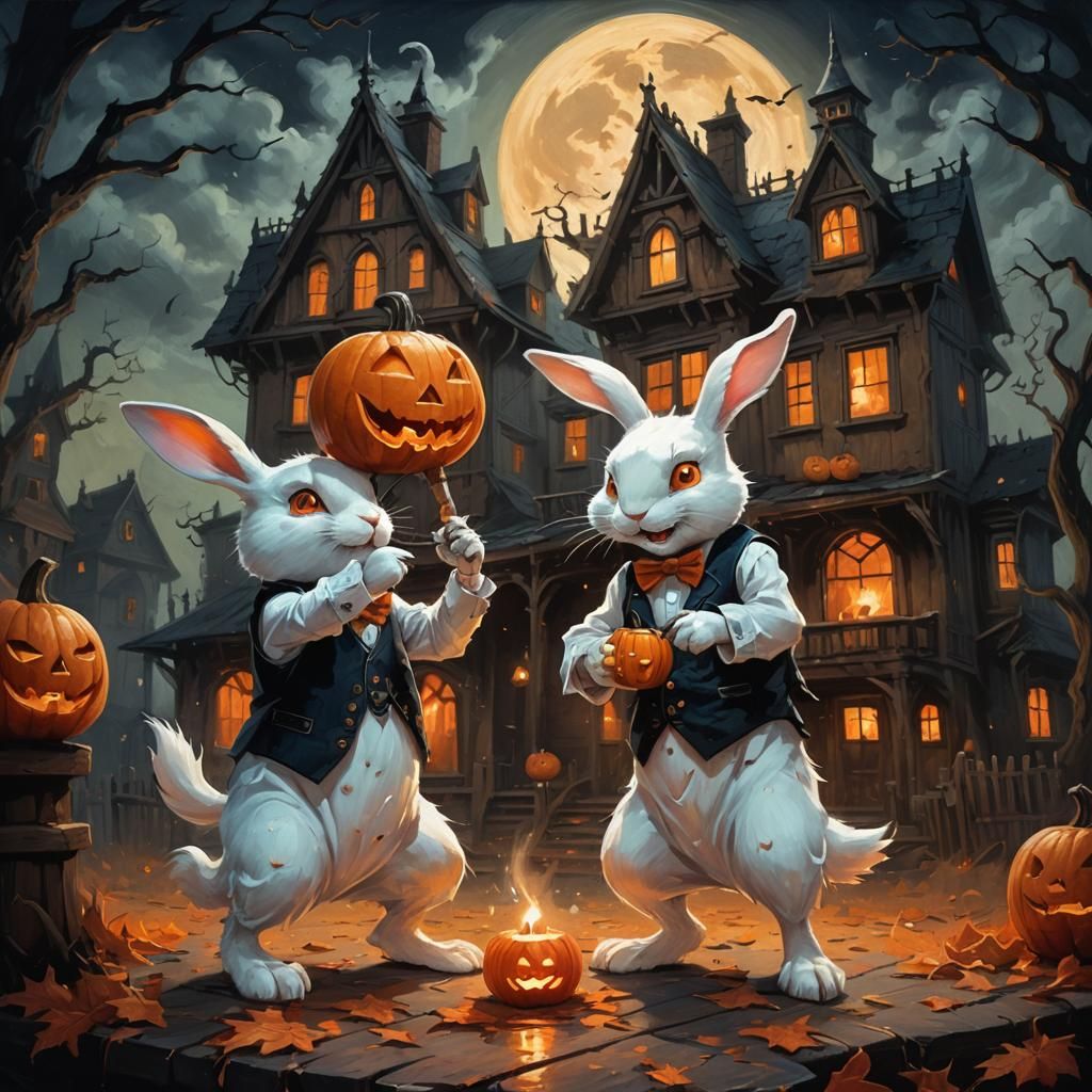 Ghost Rabbits Carving Pumpkin, Oil Painting