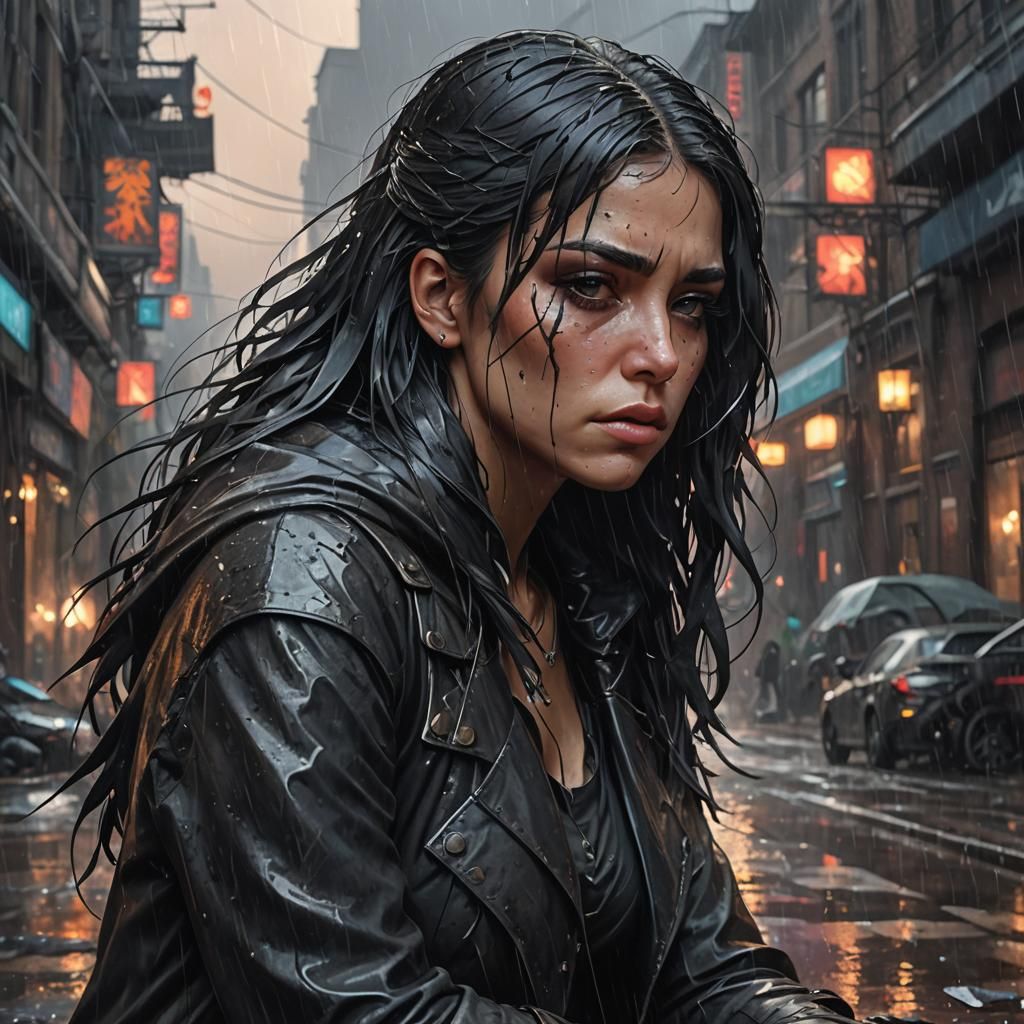 Weeping Woman in Rainy City, Hyperdetailed Art