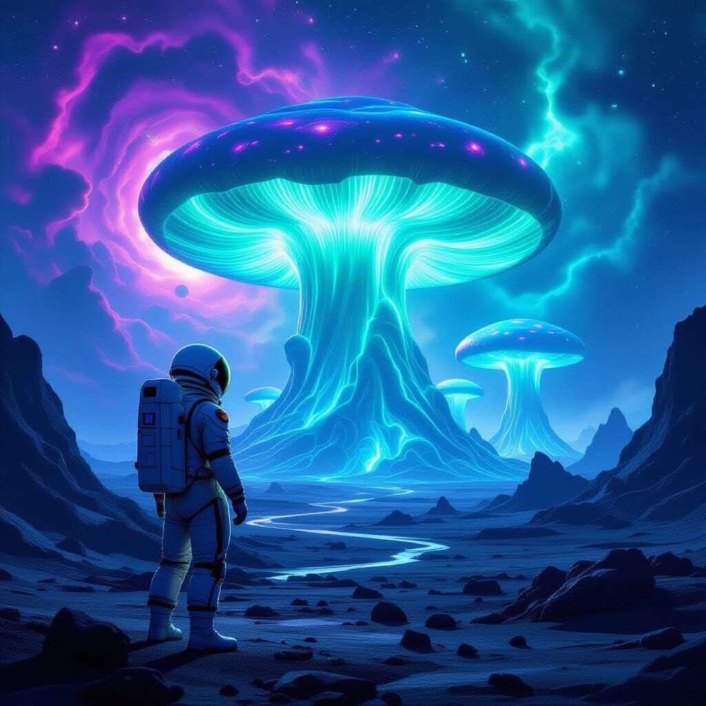 Astronaut Explores Bioluminescent Alien Mushroom Forest
