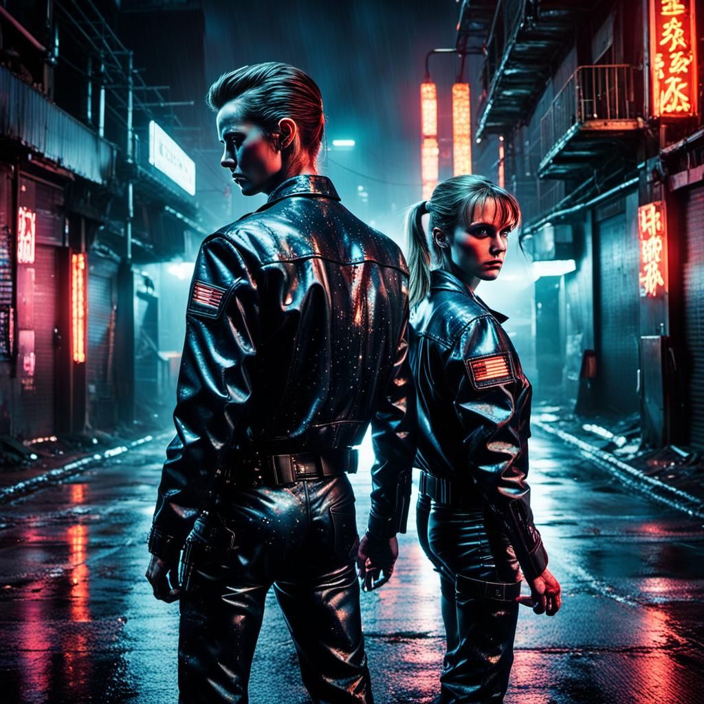 Cyberpunk Action Portrait of Terminator and Sarah Connor