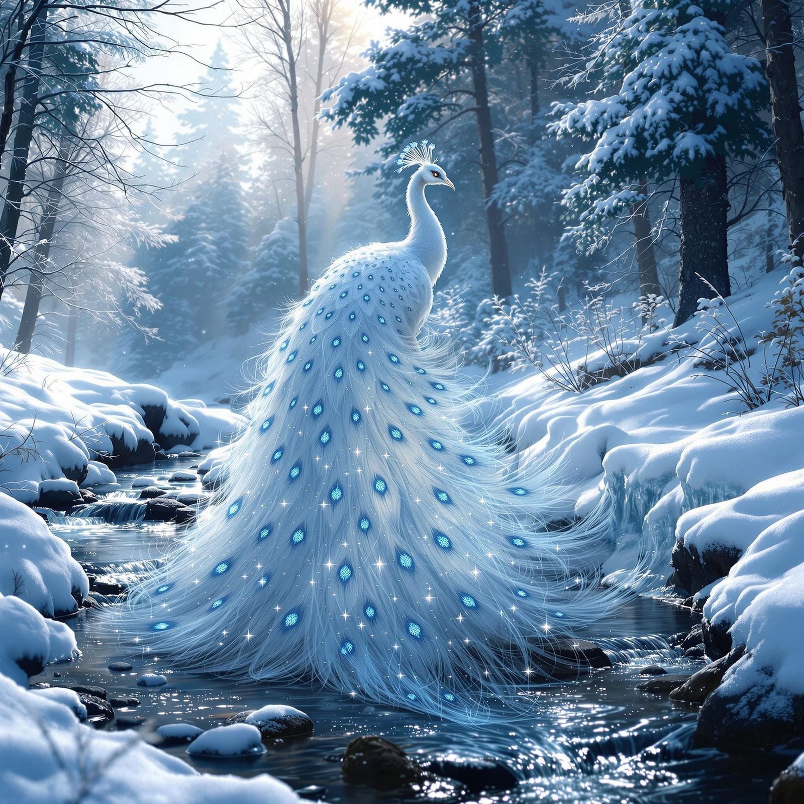 Ethereal Winter Peacock in Frosty Forest
