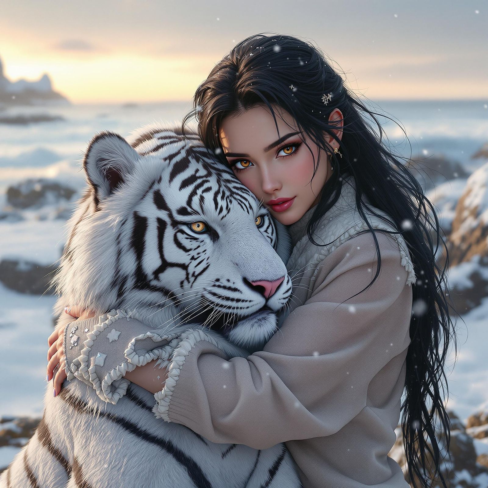 Princess Hugs Majestic Tiger on Snowy Beach at Sunset