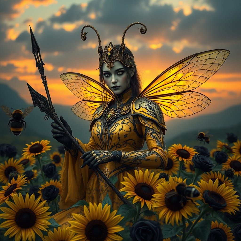 Gothic Bumblebee Queen with Iridescent Armor and Dark Fantas...