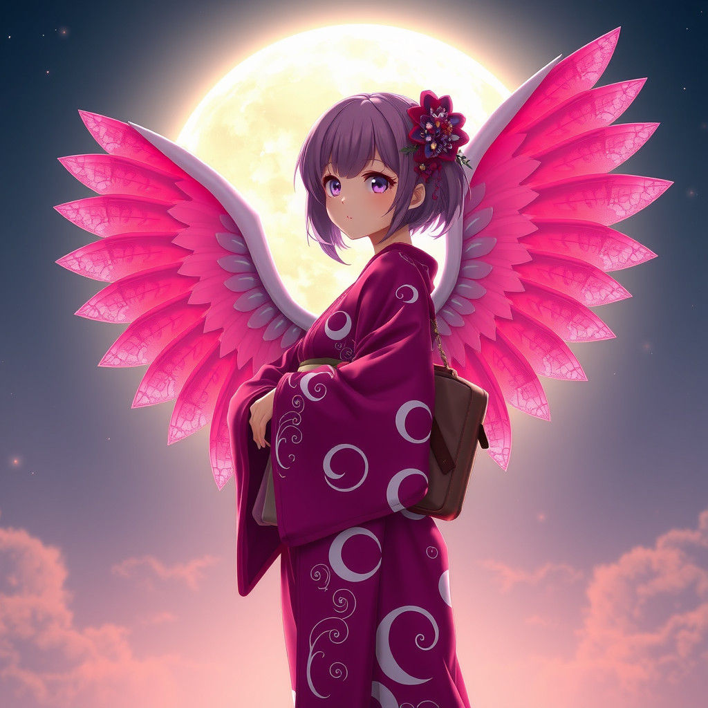 Anime Girl with Moon Kimono and Silver Wings