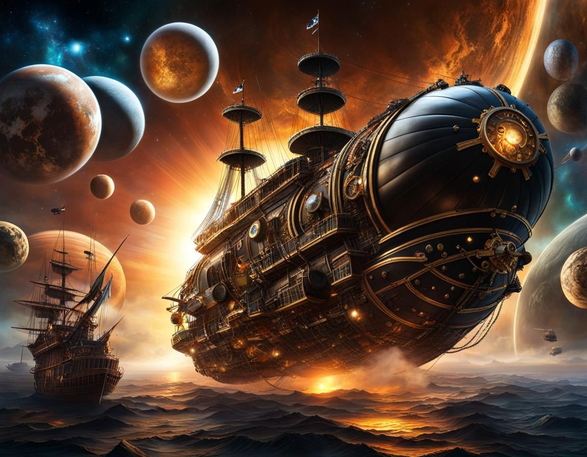 Space Pirates Attack from Steampunk Zeppelin
