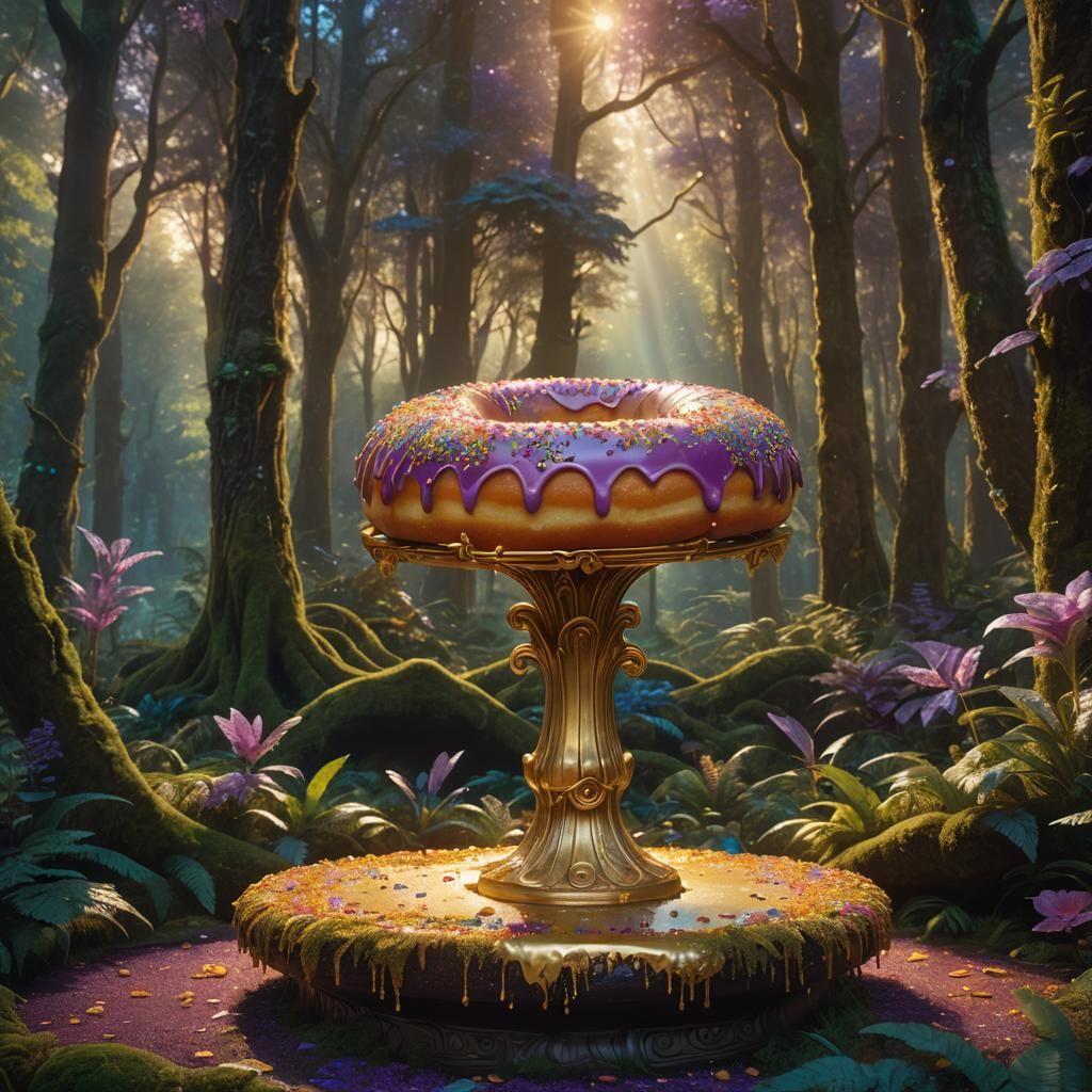 Colorful Donut on Golden Pedestal in Forest