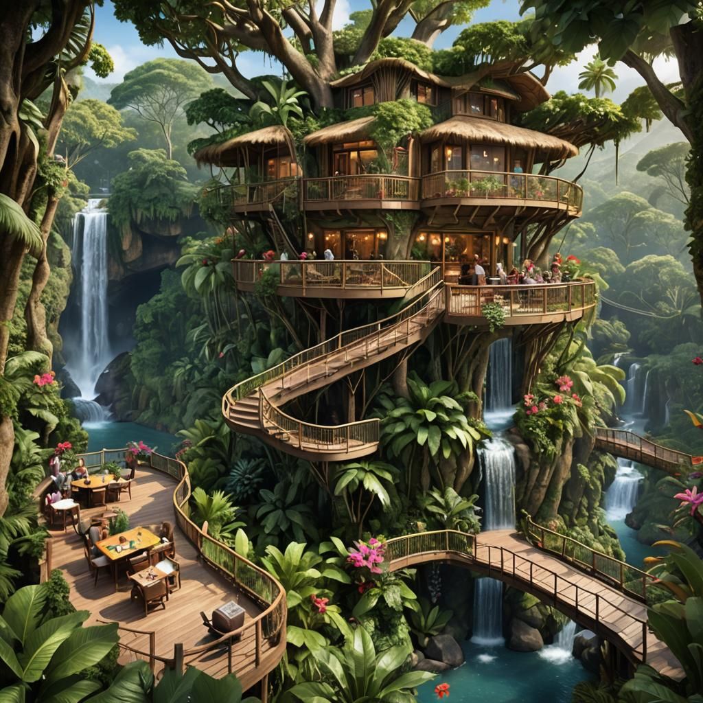 Tropical Treehouse Restaurant with Waterfalls and Blooms
