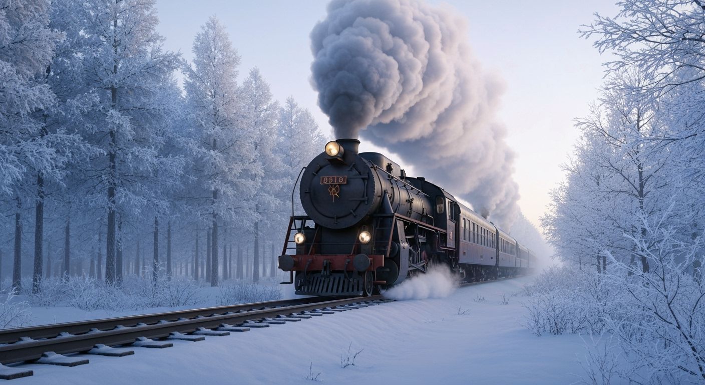Vintage Steam Train in Snowy Forest at Dawn