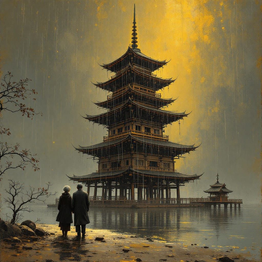 Aged Japanese Pagoda in Moody Rain, Oil Painting Style